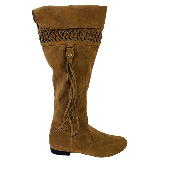 Mudd Womens Reto Tall Boots Size 6.5 Cognac Brown Hippie Bohemian Fringe Tassel - Picture 1 of 14
